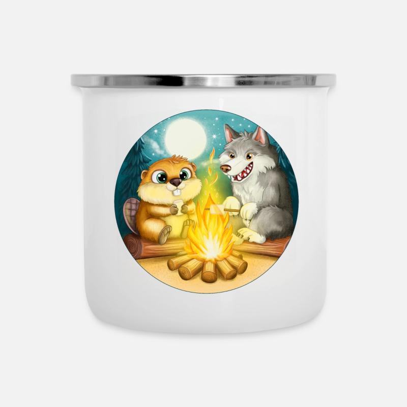 Biber und Wolf - Freunde am Lagerfeuer - Emaille-Tasse - Weiß