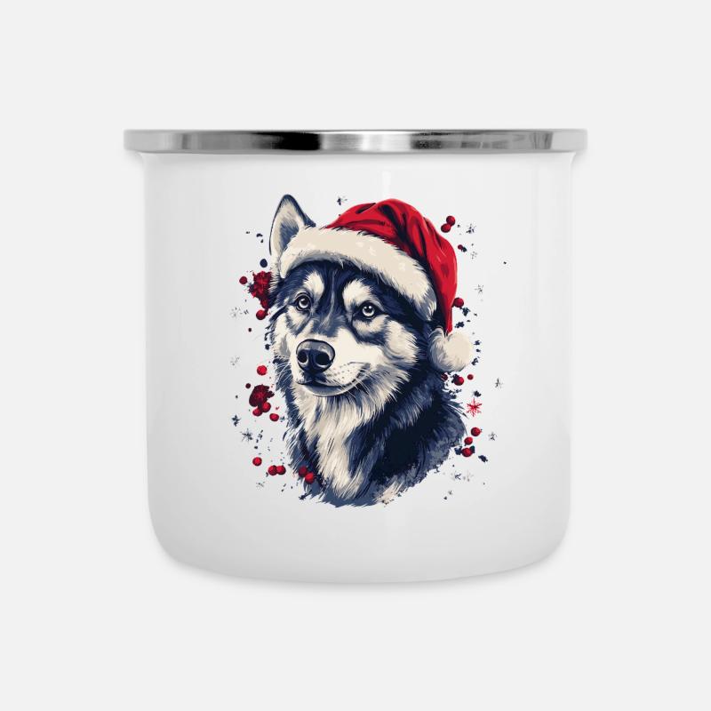 Husky Dog mit Weihnachtsmütze - Emaille-Tasse - Weiß