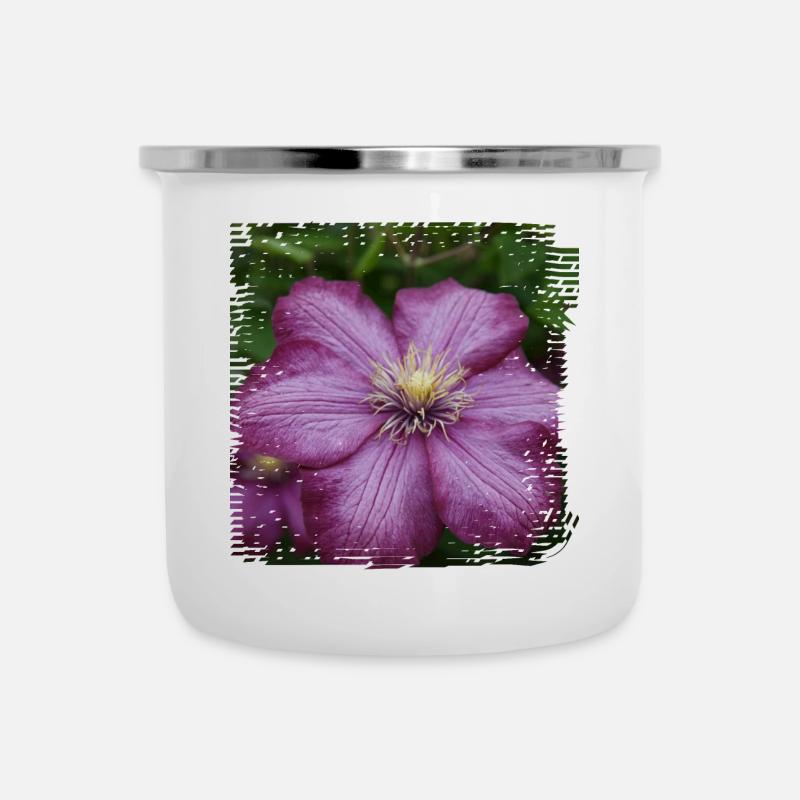 Clematis ist eine Kletterpflanze mit bunten Blüten - Emaille-Tasse - Weiß