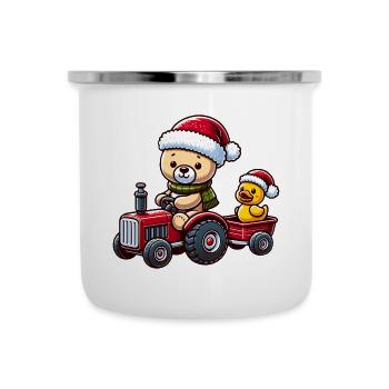Teddybär fährt Traktor mit kleiner gelber Ente - Emaille-Tasse - Weiß - Vorne