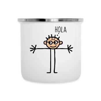Kinderbild Strichmännchen Gruß Spanisch Hola Hallo - Emaille-Tasse - Weiß - Vorne