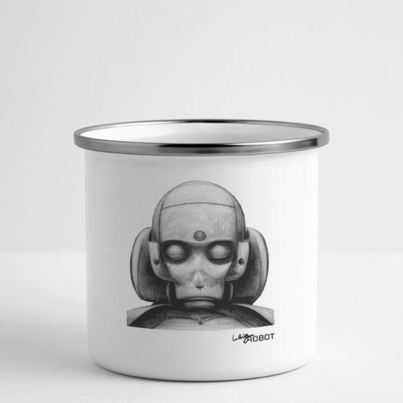 Scetch eines traurigen männlichen träumenden Roboters Emaille-Tasse