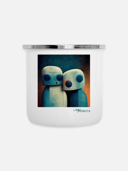 Faules Roboterpaar kuschelt - Emaille-Tasse - Weiß