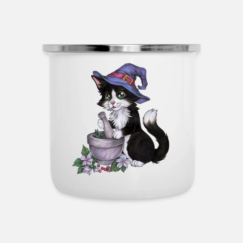 Halloween Katze Magie Magierhut mit Kräutern - Emaille-Tasse - Weiß