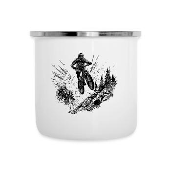 Mountainbiker mit Fahrrad den Berg hinauf - Emaille-Tasse - Weiß - Vorne