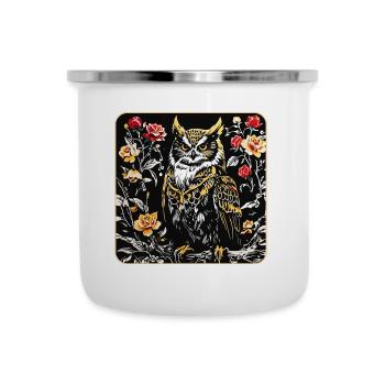 Hibou avec pétales de rose en aspect gravure sur bois - Tasse émaillée - blanc - Devant