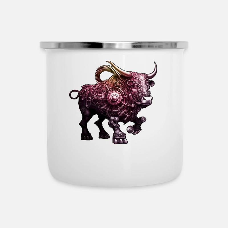 Verzierter Steampunk-Stier Detaillierte komplizierte coole Kunst - Emaille-Tasse - Weiß