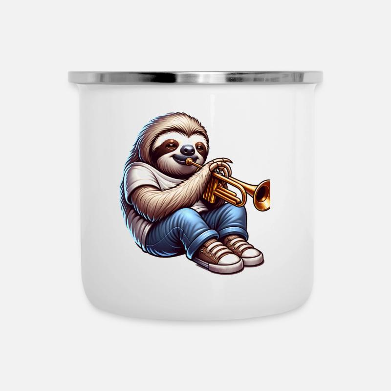 Cooler Faultier Trompeter Musik Design - Emaille-Tasse - Weiß