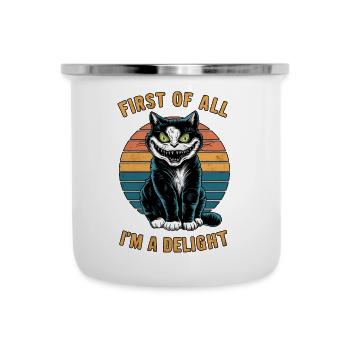 Zunächst einmal bin ich eine Freude Gruseliger Katzenhumor - Emaille-Tasse - Weiß - Vorne