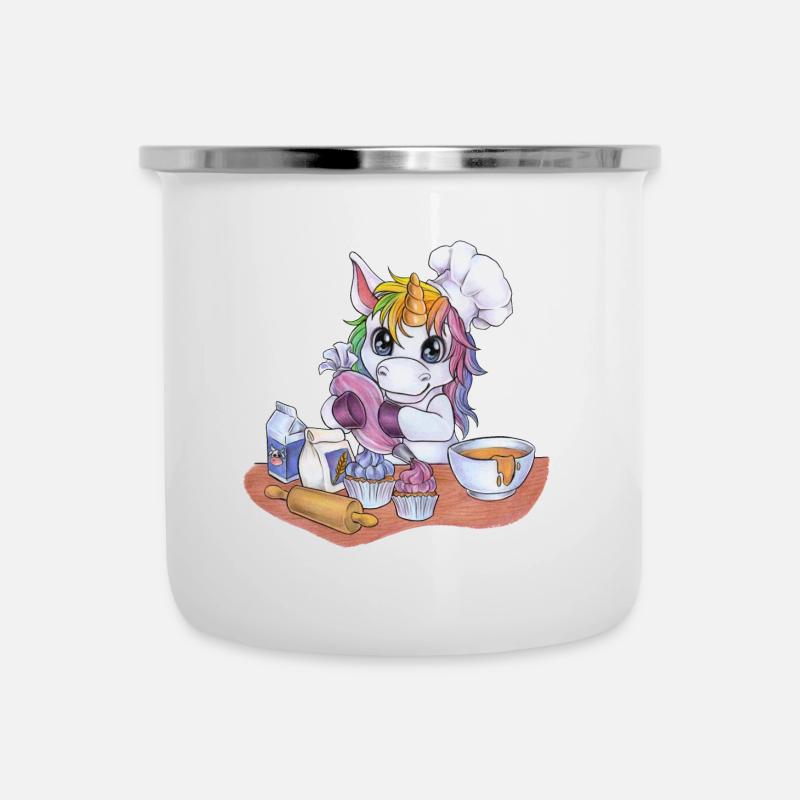 Witziges Regenbogen Einhorn als Bäcker Konditor - Emaille-Tasse - Weiß