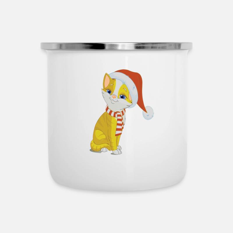 Gelbe Weihnachtskatze mit Mütze & Schal - Emaille-Tasse - Weiß