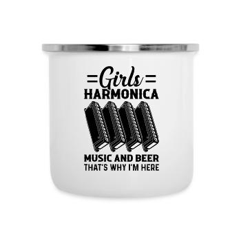 Girls Harmonica Music And Beer That's Why I'm Here - Emaille-Tasse - Weiß - Vorne