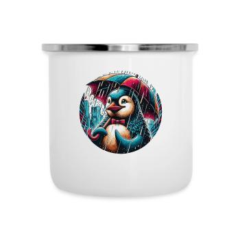 Penguin in the rain with umbrella in the city - Camper Mug - white - Front