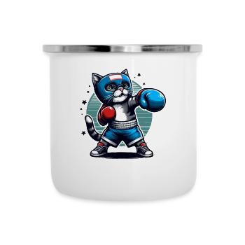 Boxende Katze - Emaille-Tasse - Weiß - Vorne