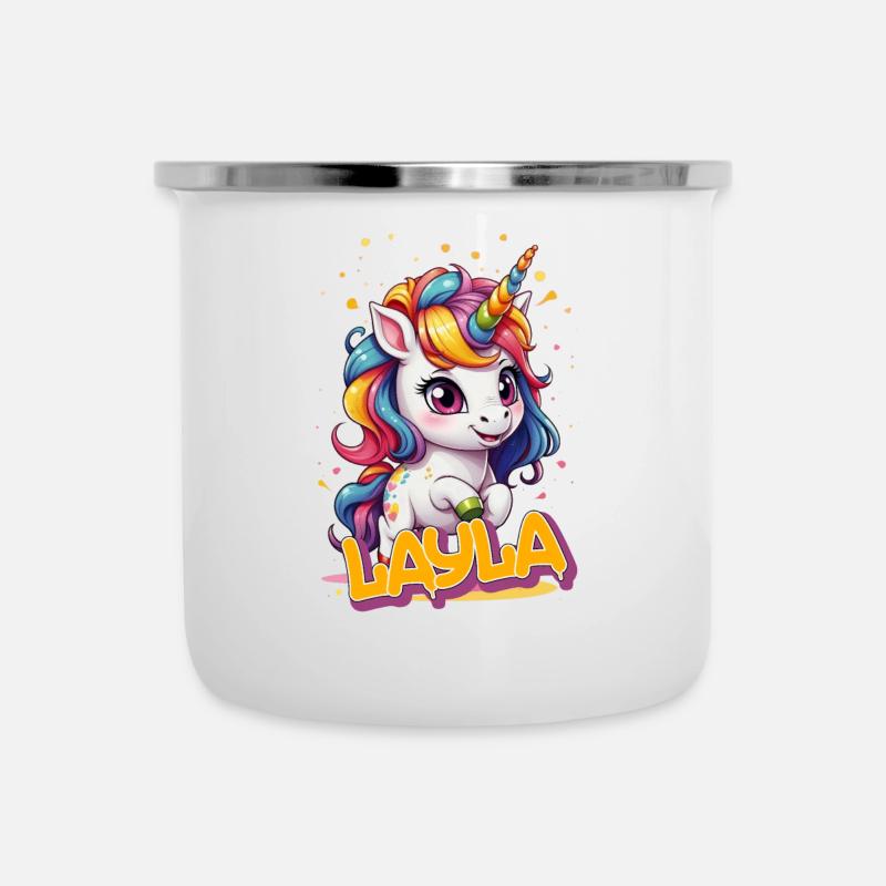 LAYLA - Schöner Mädchen Name mit süßem Einhorn - Emaille-Tasse - Weiß