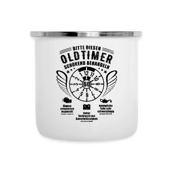 Oldtimer schonend behandeln - 60. Geburtstag - Emaille-Tasse - Weiß - Vorne