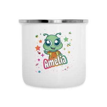 AMELIA - Schöner Mädchen Name mit süßem Alien - Emaille-Tasse - Weiß - Vorne