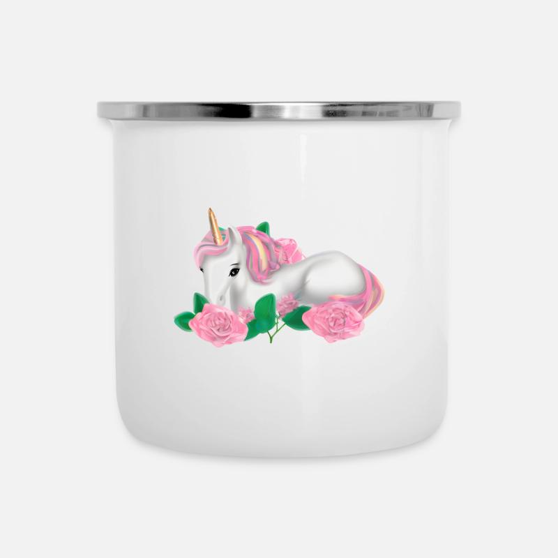 Einhorn in Rosen - Emaille-Tasse - Weiß