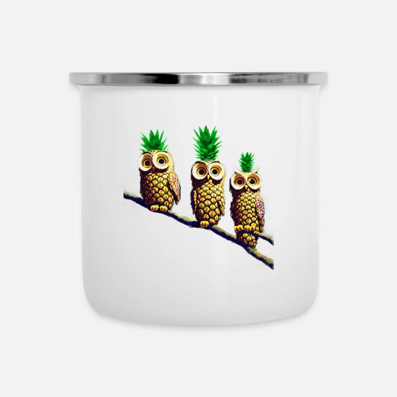 Ananas Eulen - Emaille-Tasse - Weiß