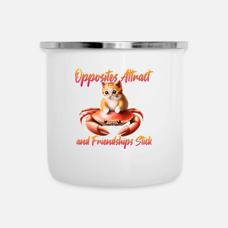 Katze auf einer Krabbe - Freundschaft - Emaille-Tasse - Weiß
