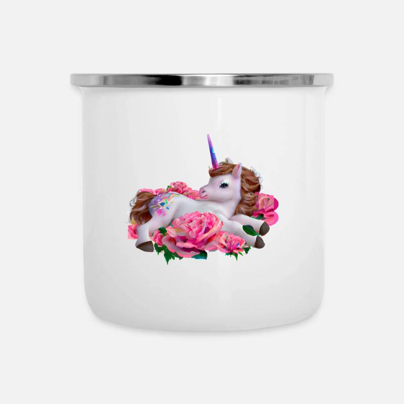 Einhorn in Rosen - Emaille-Tasse - Weiß