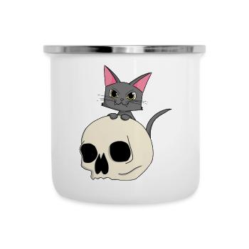 Katzenkopf mit Schädel-Design - Emaille-Tasse - Weiß - Vorne