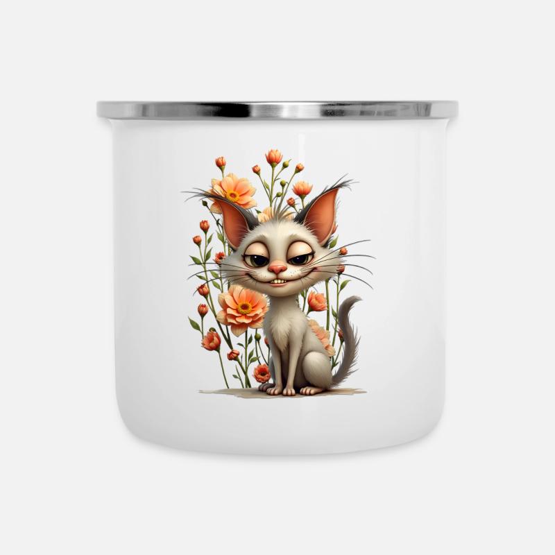 Die verschmitzte Katze Melodie und die florale Pracht. - Emaille-Tasse - Weiß