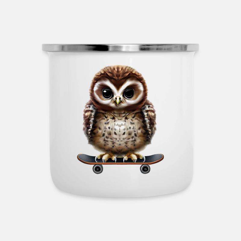 Skater Eule - Emaille-Tasse - Weiß
