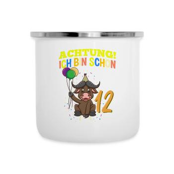 Achtung Ich Bin Schon 12 Geburtstag Büffel Bison - Emaille-Tasse - Weiß - Vorne