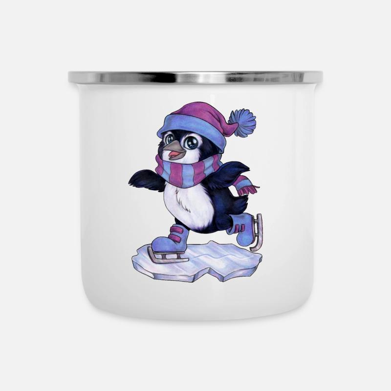 Niedlicher Chibi Pinguin mit Schal & Schlittschuh - Emaille-Tasse - Weiß