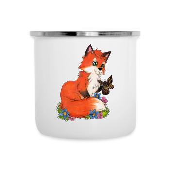 Süßer Fuchs spielt mit Schmetterling Geschenk - Emaille-Tasse - Weiß - Vorne