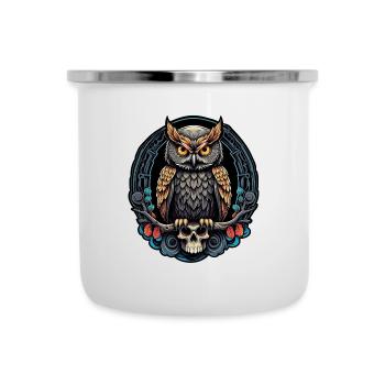 Hibou décoratif avec crâne et pétales de rose - Tasse émaillée - blanc - Devant