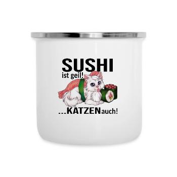 Sushi ist geil, Katzen auch - lustige Sushi Cat - Emaille-Tasse - Weiß - Vorne