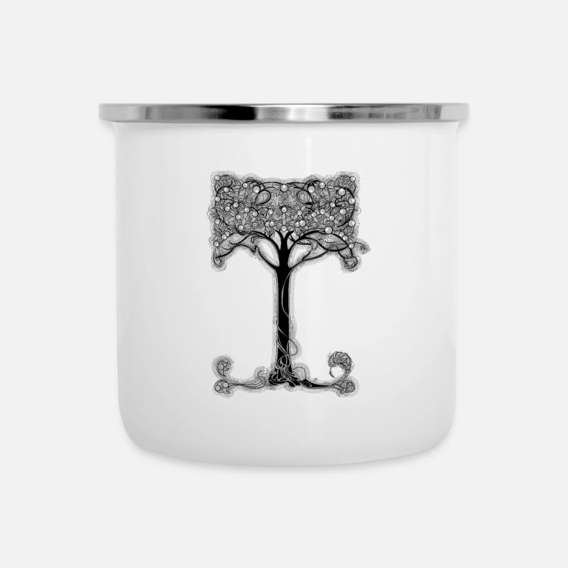 Verzierter Baum mit floraler Kunst - Emaille-Tasse - Weiß