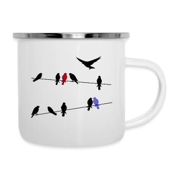 Oiseau oiseaux migrateurs noirs sur une ligne électrique - Tasse émaillée - blanc - Droite