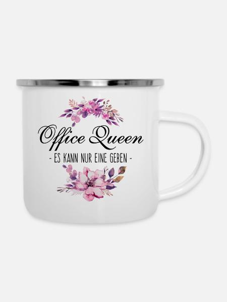 Office Queen - schwarzer Text - Emaille-Tasse - Weiß