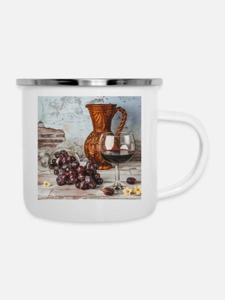 Weinkrug mit Trauben - Emaille-Tasse - Weiß