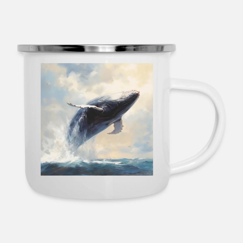 Wal springt aus dem Wasser - Emaille-Tasse - Weiß