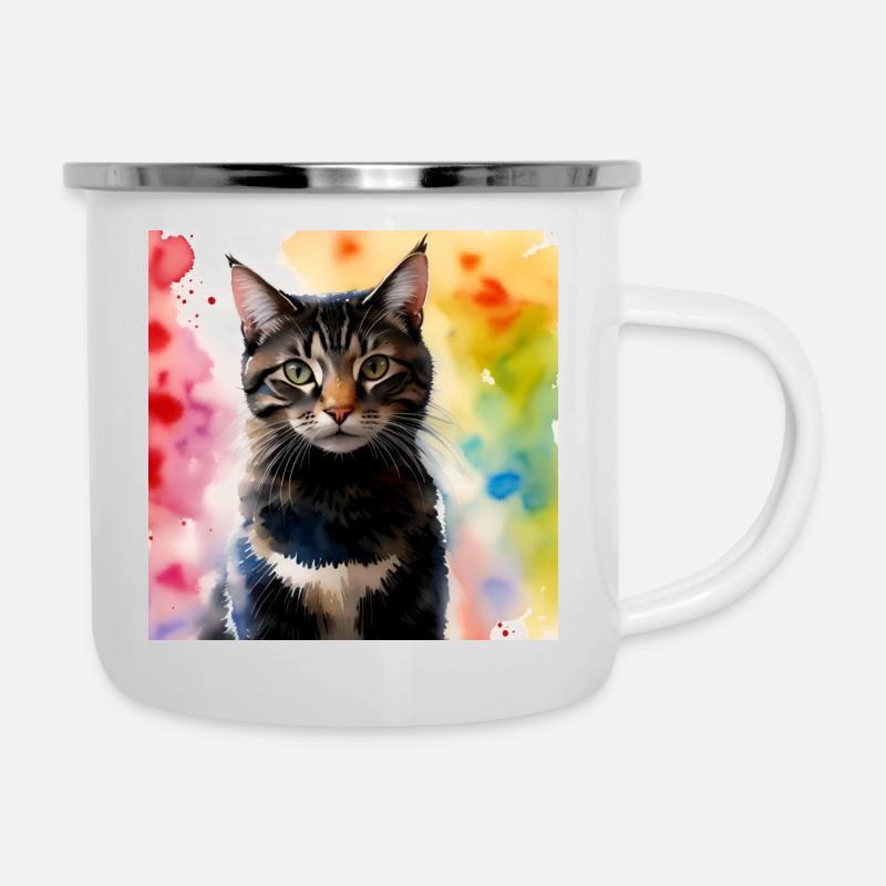 Katze vor Regenbogen - Emaille-Tasse - Weiß