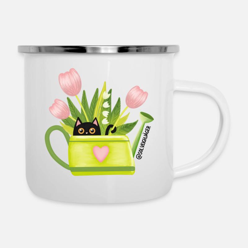 Spring Frühling Schwarze Katze mit Blumen - Emaille-Tasse - Weiß