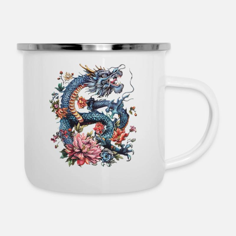 Blauer Drache - Emaille-Tasse - Weiß