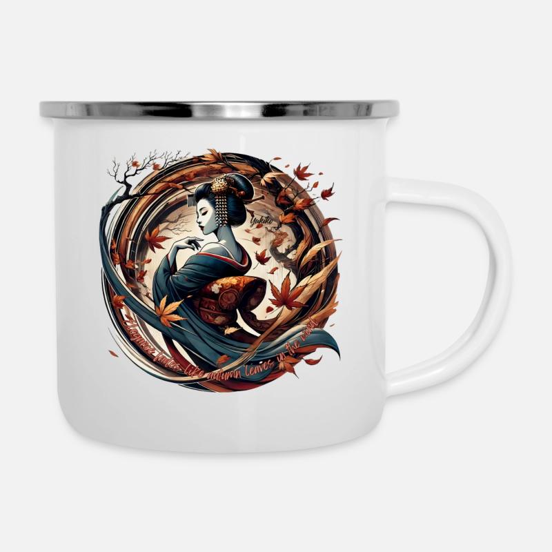 Yukiko Geisha: Autumn Elegance in the Wind - Emaille-Tasse - Weiß