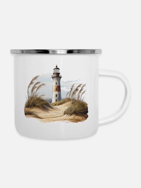 Leuchtturm hinter den Dünen - Emaille-Tasse - Weiß