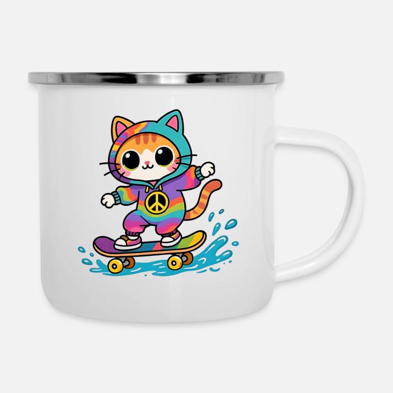 Chat multicolore skateboard - Tasse émaillée - blanc
