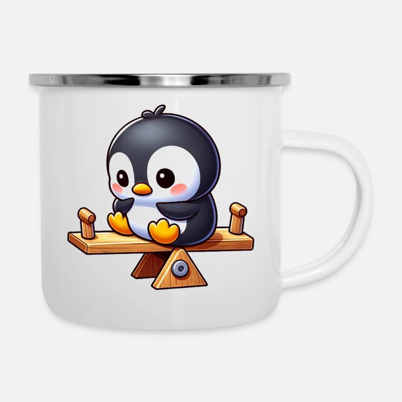 Süßer Pinguin auf der Wippe im Spielplatz Cartoon - Emaille-Tasse - Weiß