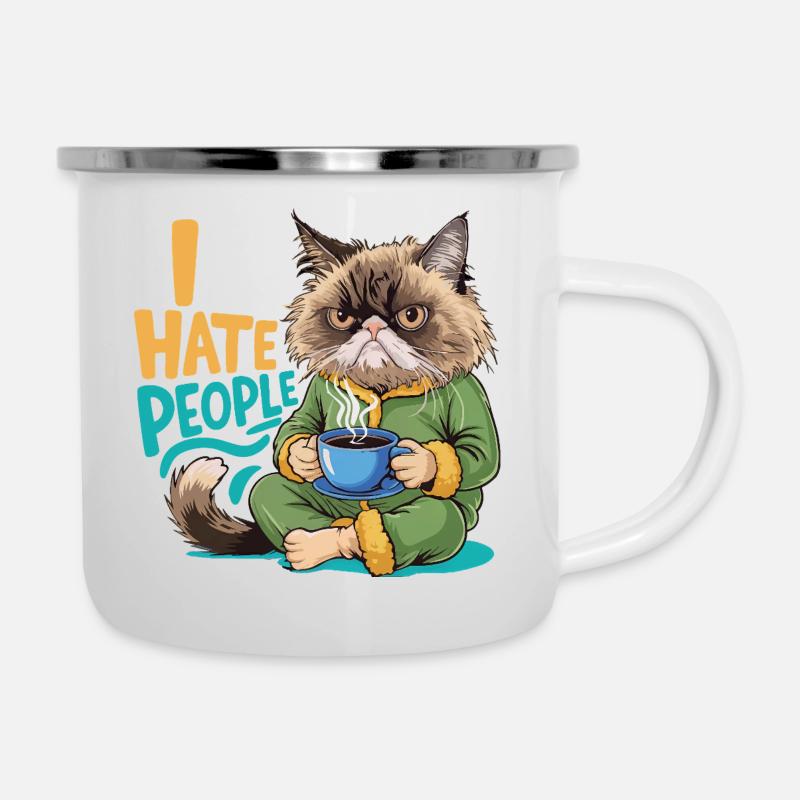 Chat Café Matin Grouch Drôle Introverti - Tasse émaillée - blanc