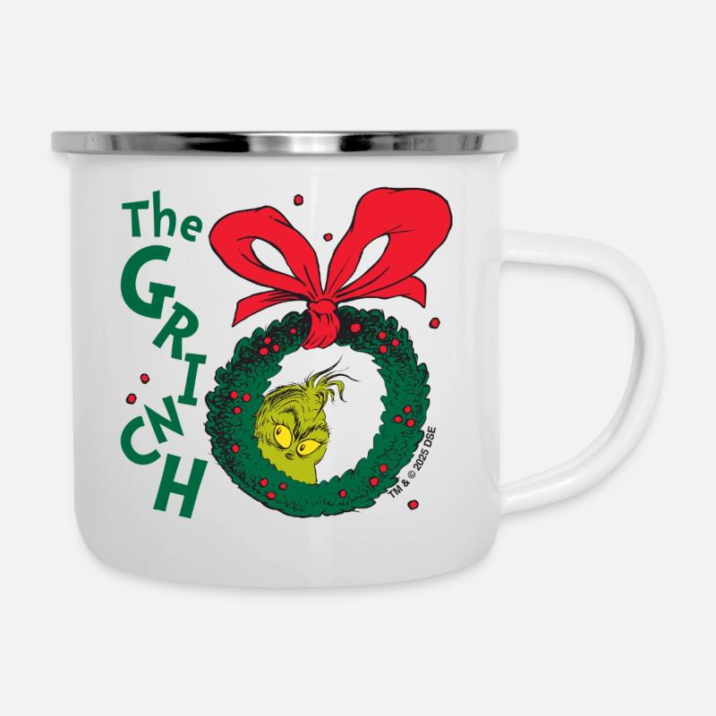 Der Grinch Weihnachtskranz Mit Roter Schleife - Emaille-Tasse - Weiß