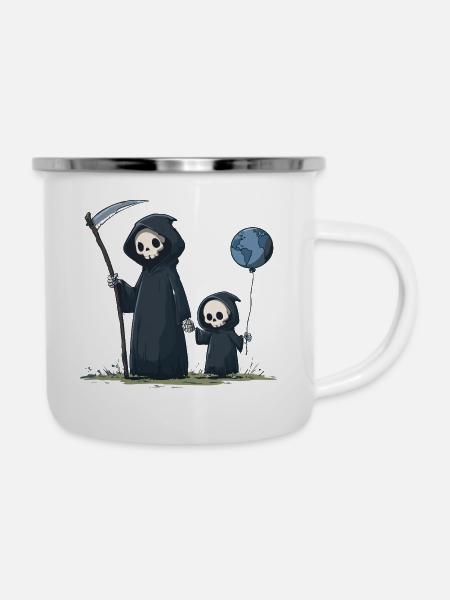 Süßer Grim Reaper mit Kind - Emaille-Tasse - Weiß