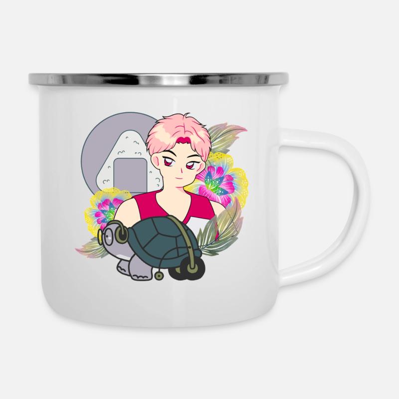 Anime-Junge und Schildkröte mit Walker-Kunst - Emaille-Tasse - Weiß