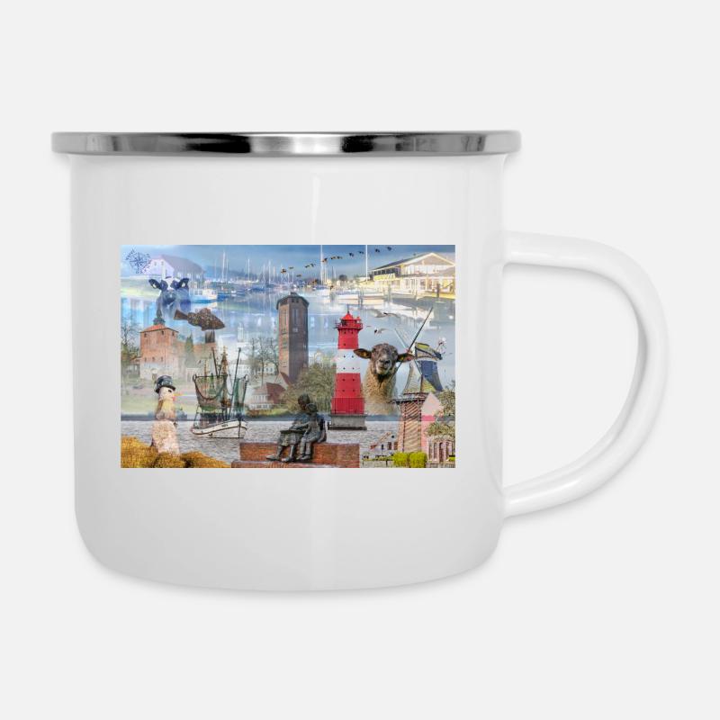 Varel Collage - Emaille-Tasse - Weiß